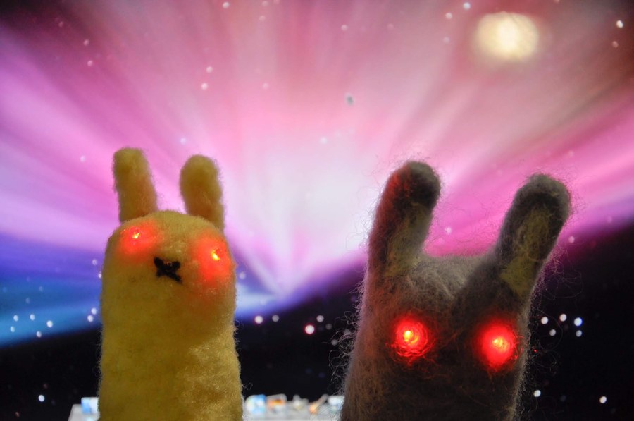 黄色いうさぎとグレーのうさぎが並んでいる様子